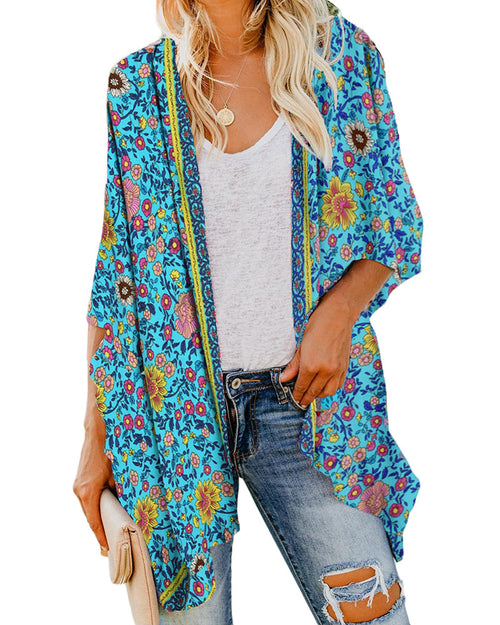 Women's Soft Drape Batwing Floral Cardigan – Process Blue Floral