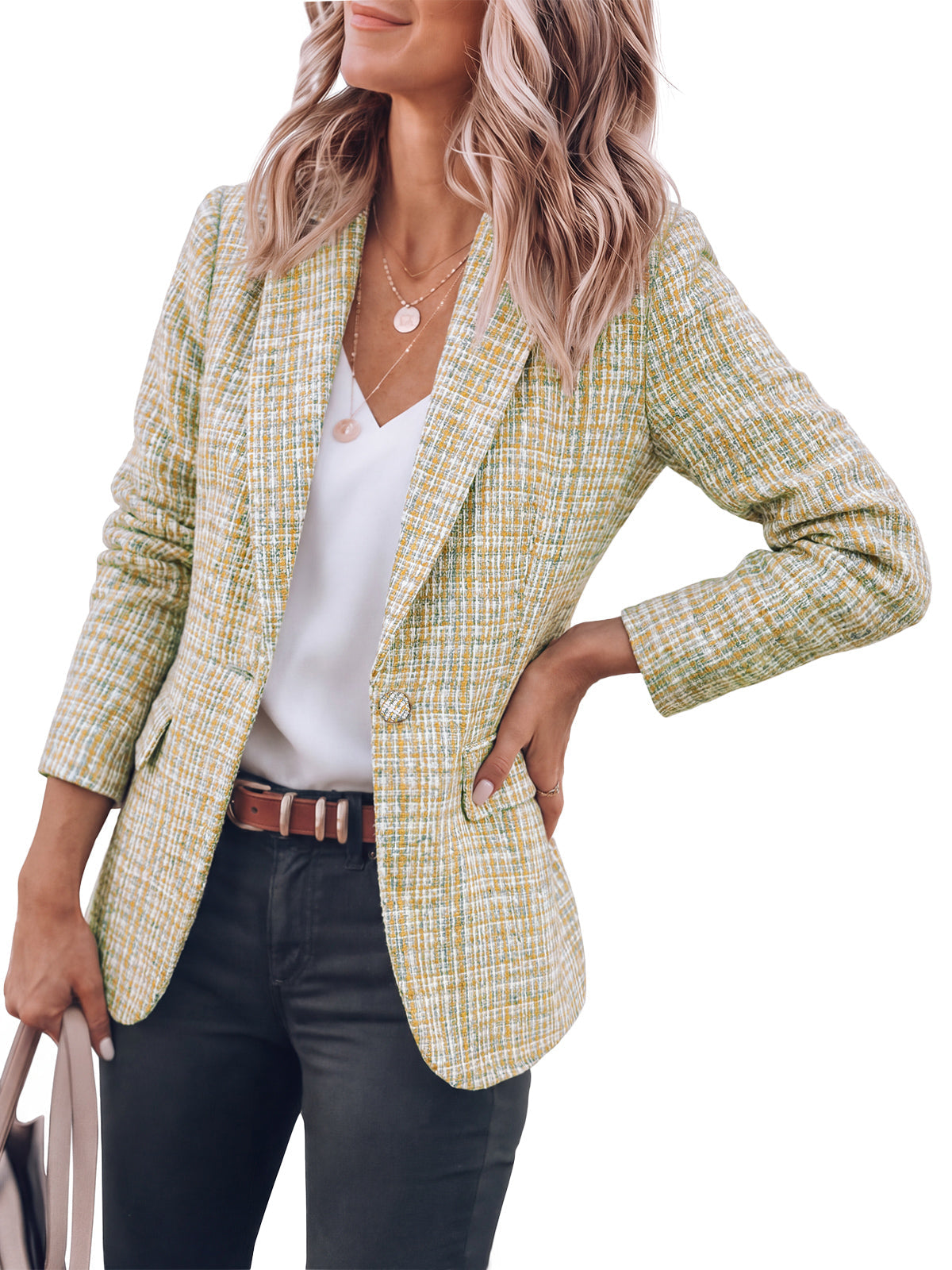 Women's Tweed Plaid Blazer – Light Green