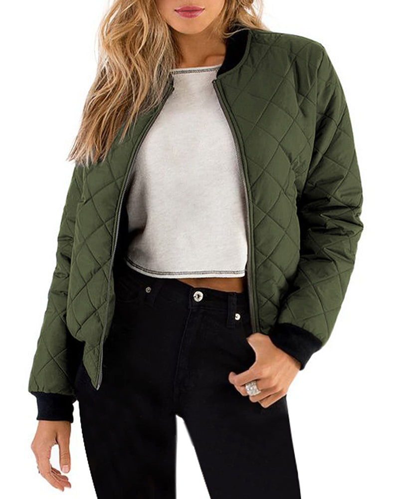 Women's Quilted Casual Bomber Jacket – Army Green