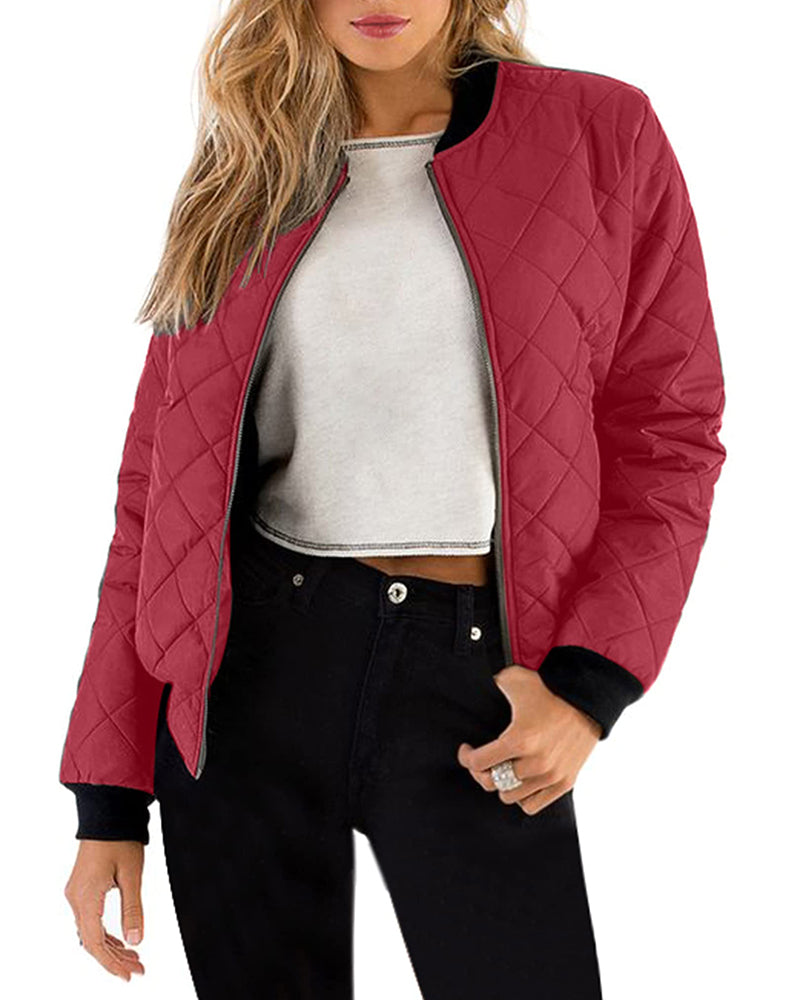 Women's Quilted Casual Bomber Jacket – Wine Red