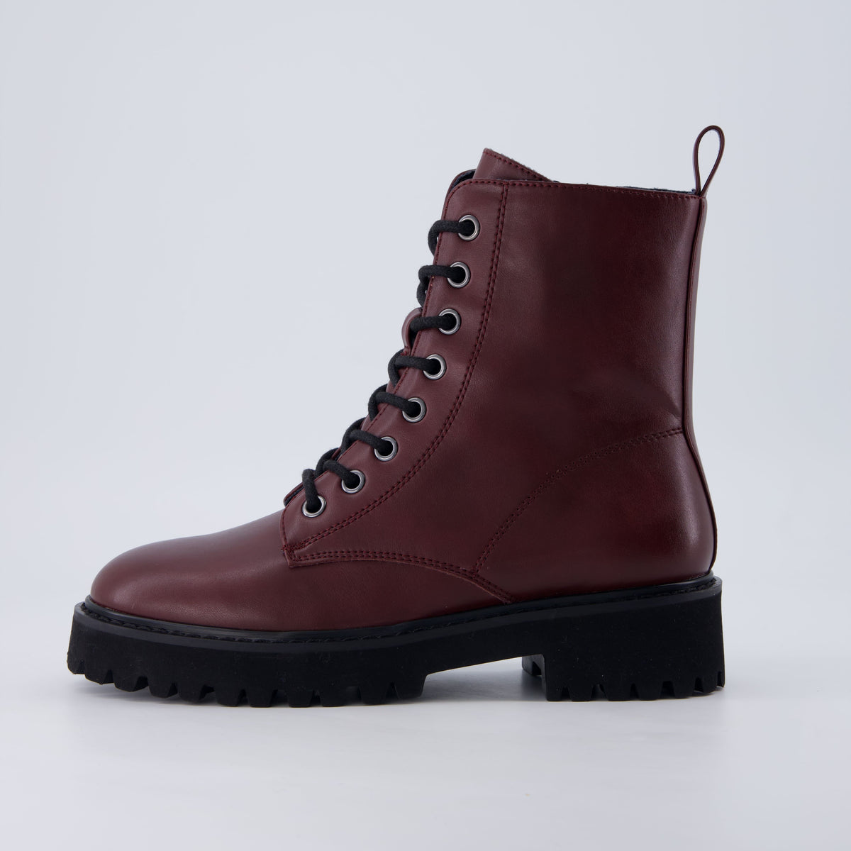 Women's Faux Leather Cushioned Side-Zip Round-Toe Combat Boots – Burgundy