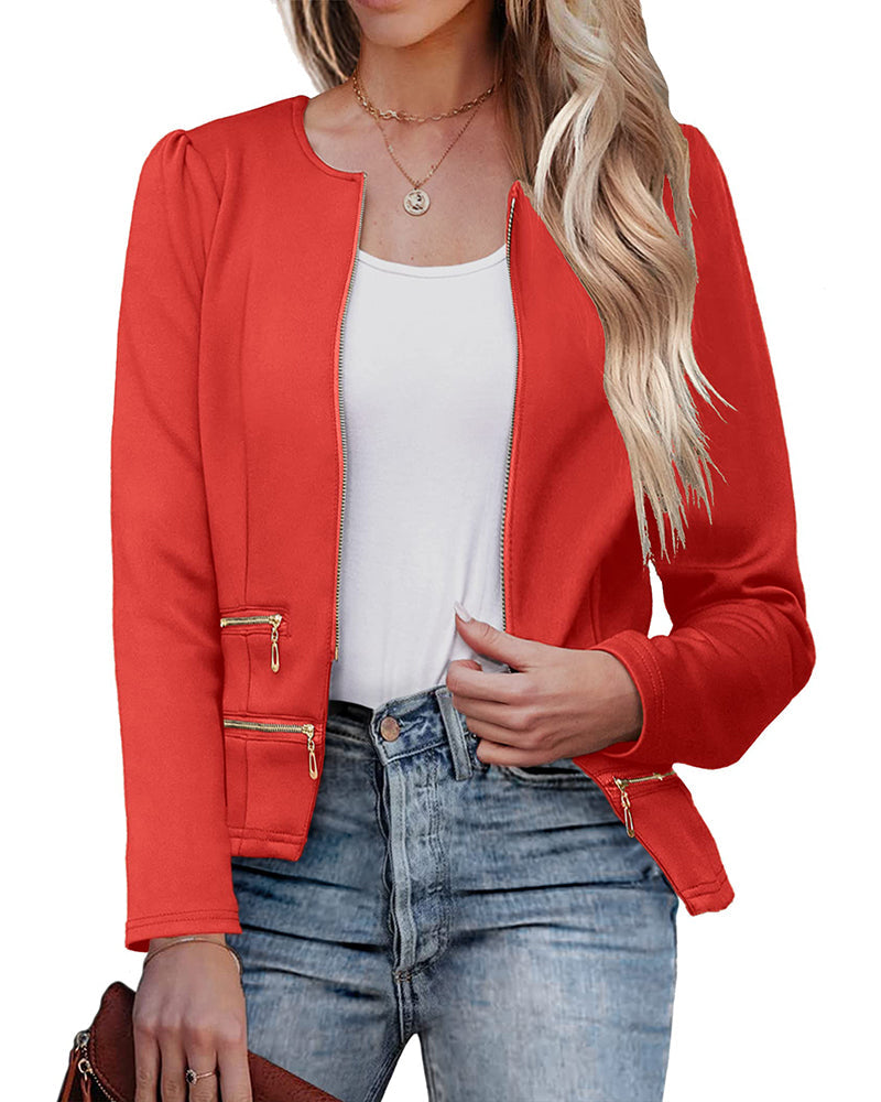 Women's Cropped Open-Front Zip Casual Blazer – Red