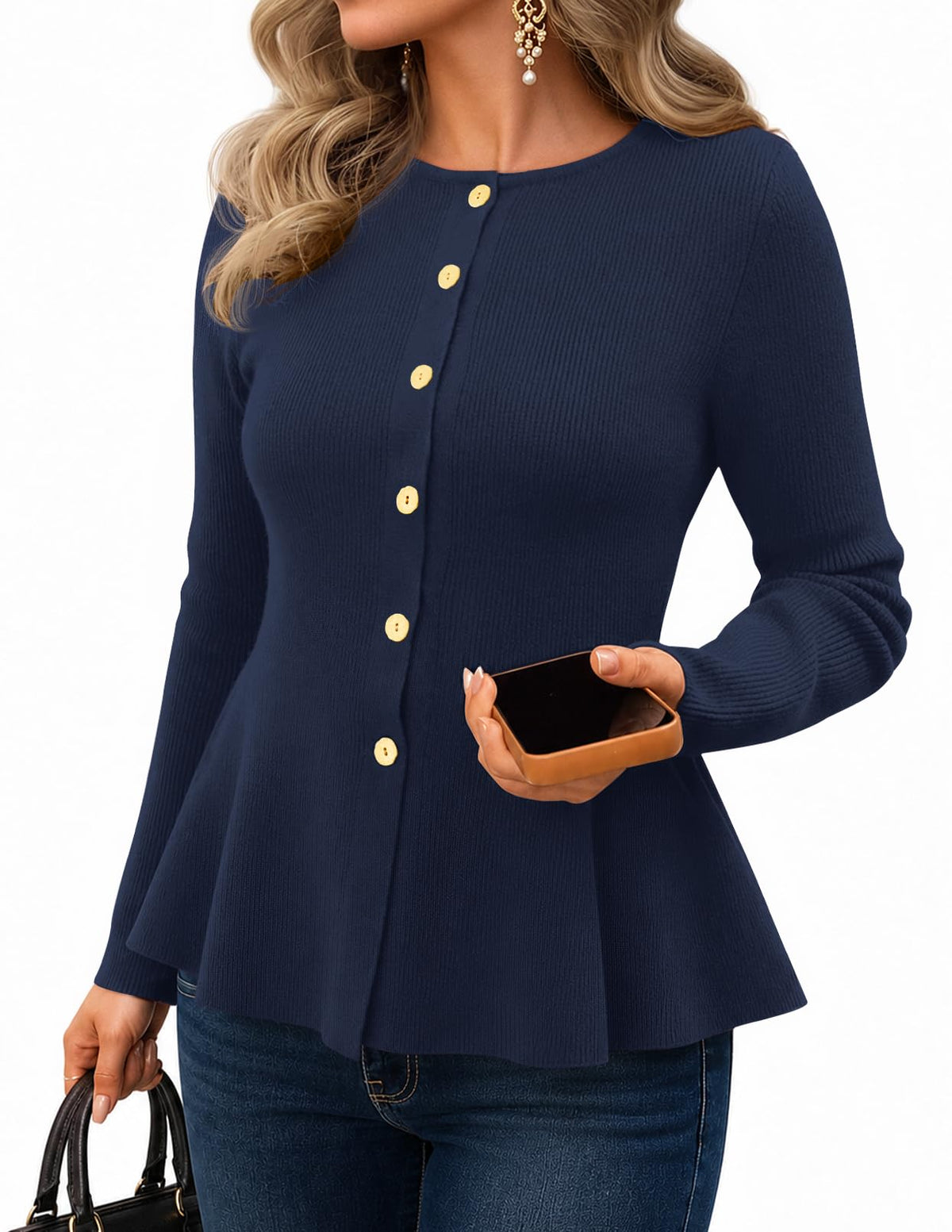 Women's Long Sleeve Fitted Cardigan – Navy