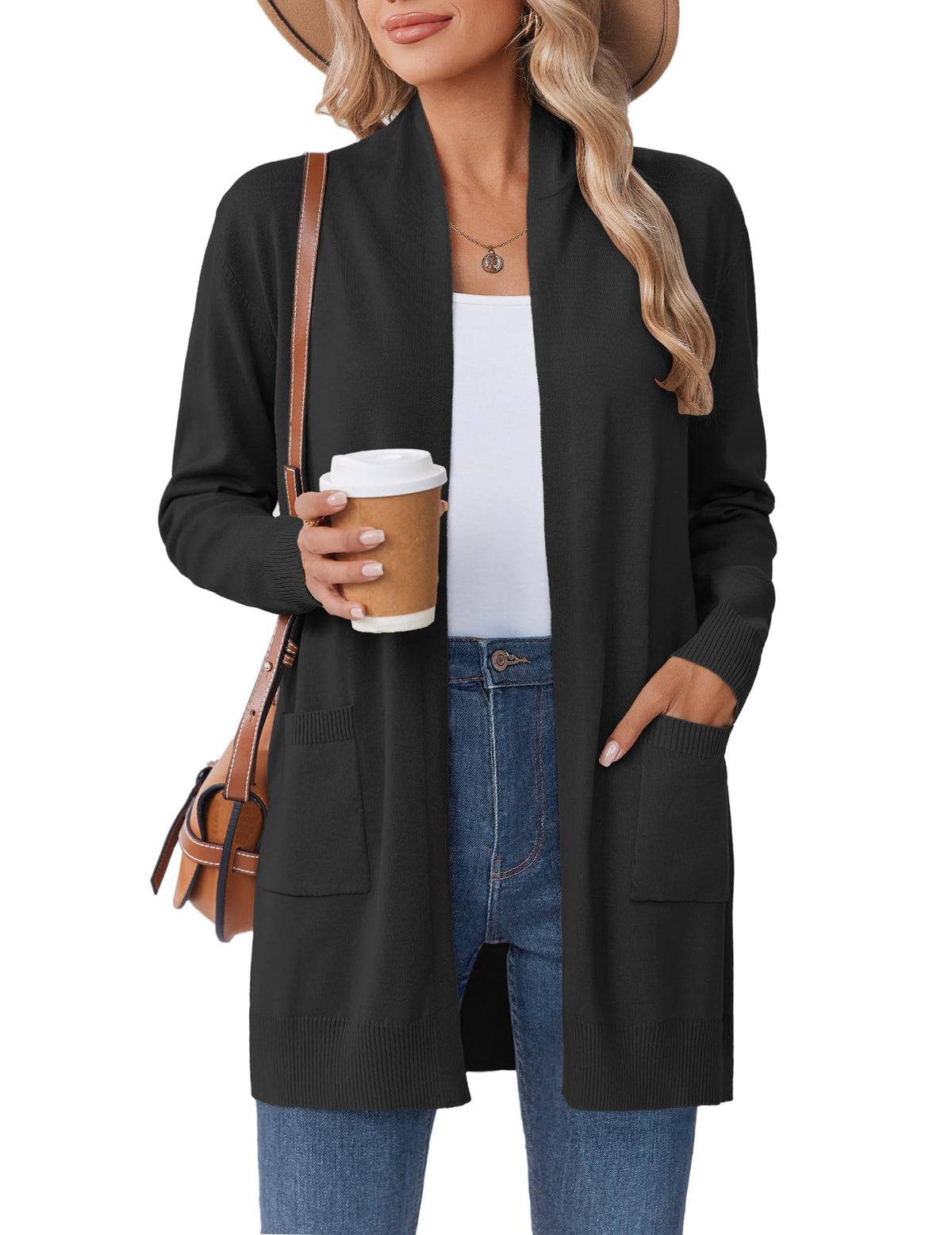 Women's Knit Open-Front Pocketed Lightweight Cardigan – Black
