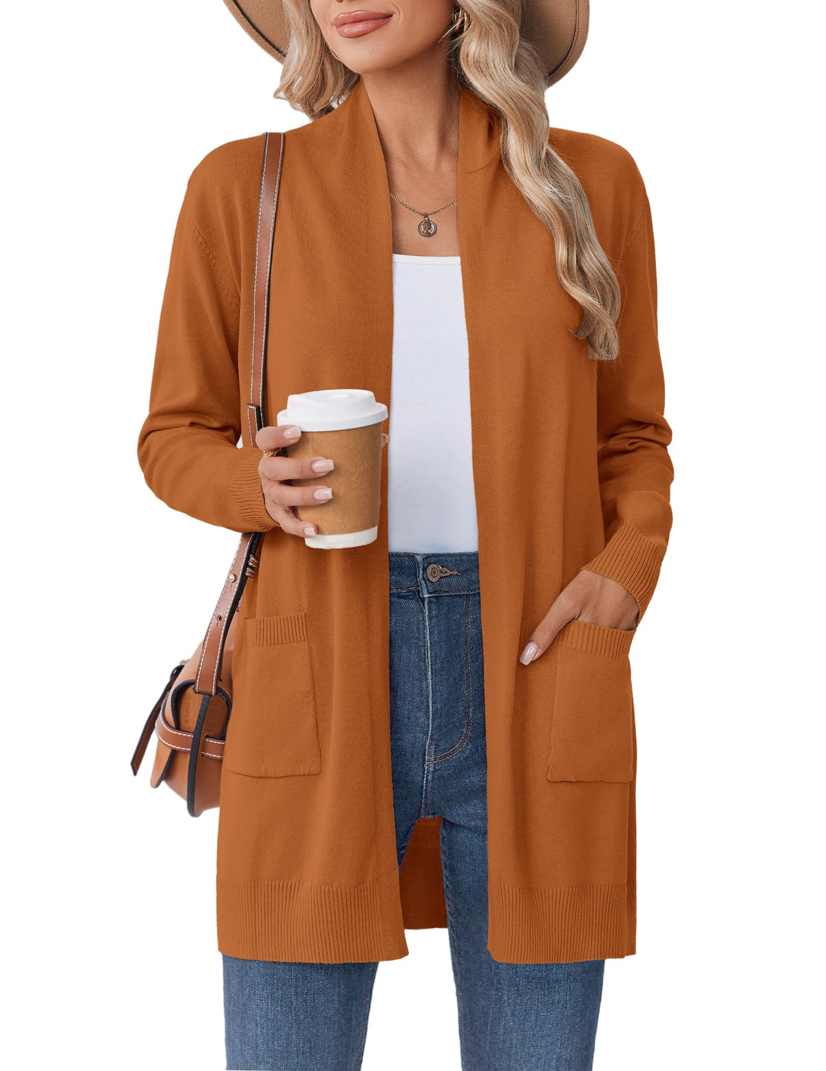 Women's Knit Open-Front Pocketed Lightweight Cardigan – Orange