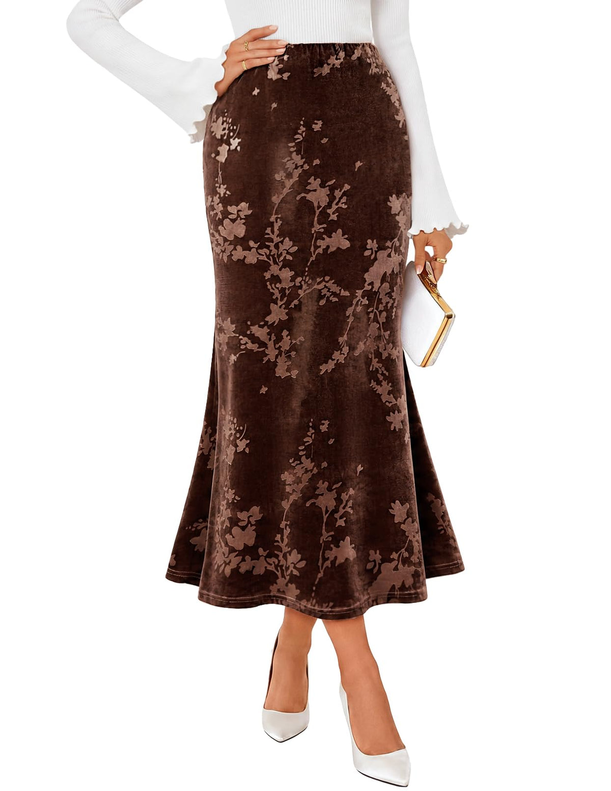 Women's Velvet Floral Maxi Skirt – Coffee