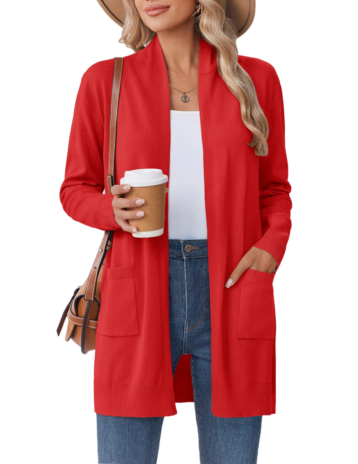 Women's Knit Open-Front Pocketed Lightweight Cardigan – Red