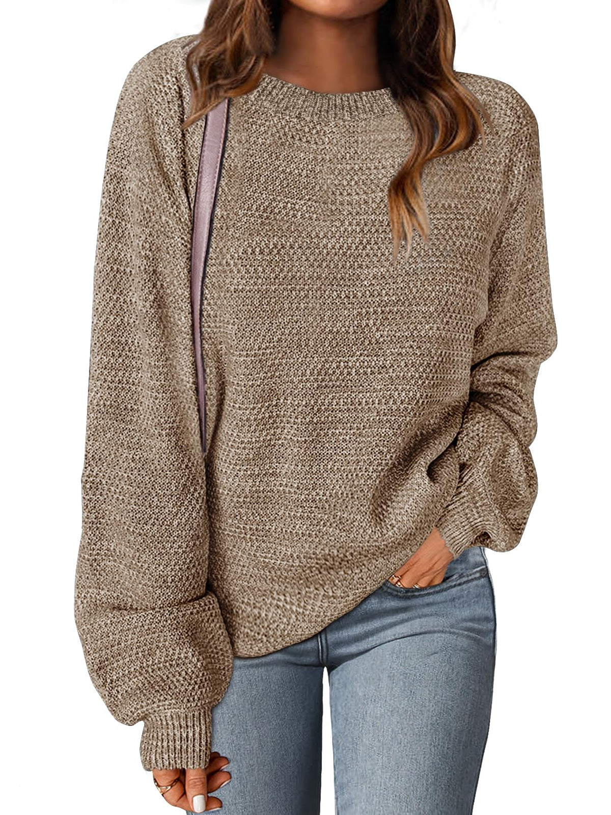 Women's Knit Oversized Crew Neck Heathered Sweater – Mocha