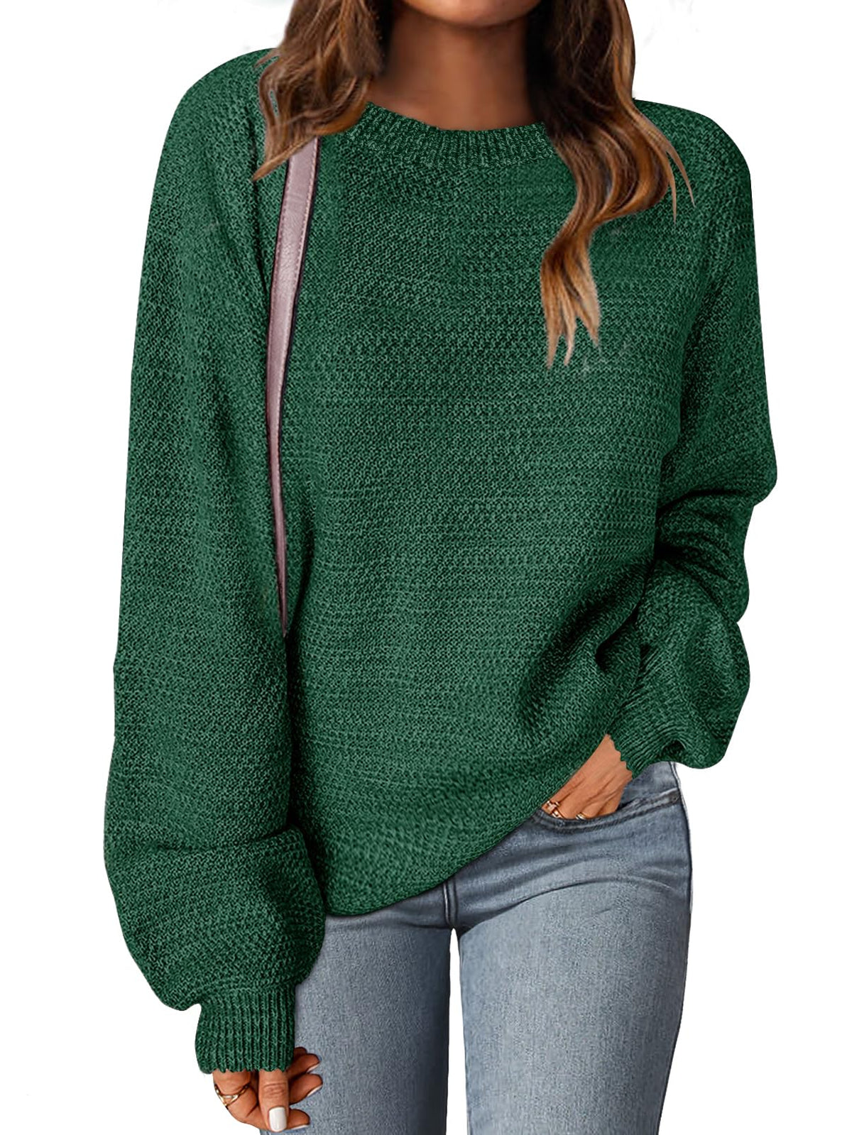 Women's Knit Oversized Crew Neck Heathered Sweater – Dark Green