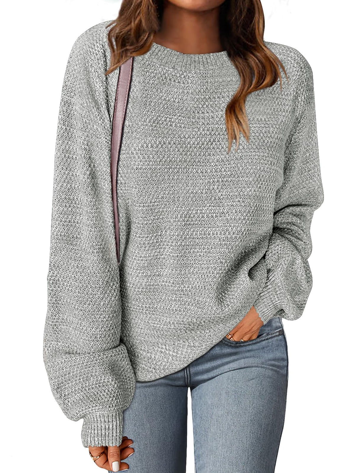 Women's Knit Oversized Crew Neck Heathered Sweater – Gray