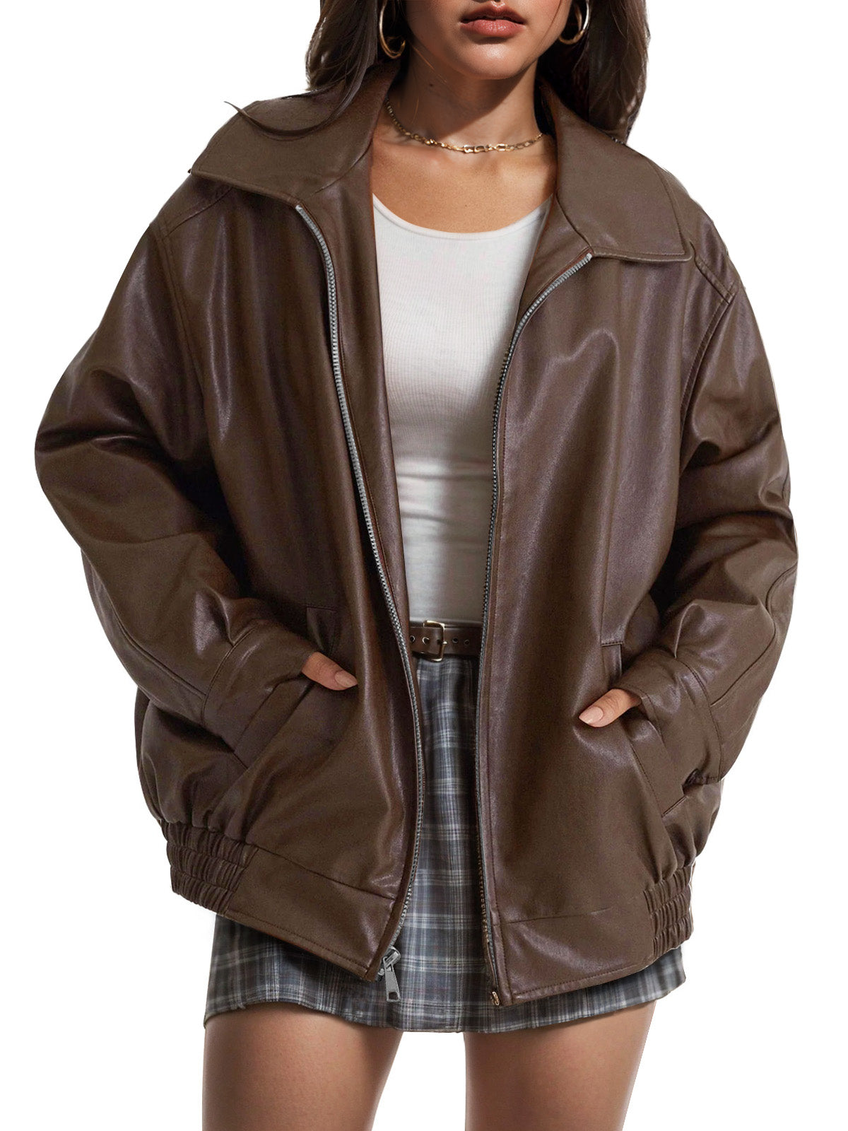 Women's Faux Suede Oversized Moto Jacket – Brown