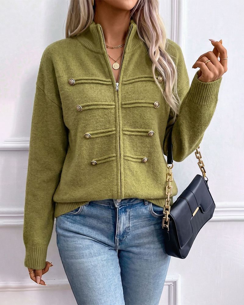 Women's Knit Zip-Up Stand Collar Cardigan – Olive Green