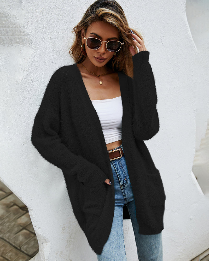Women's Open-Front Fuzzy Knit Sweater with Pockets