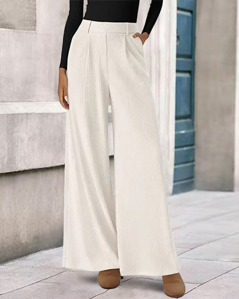 Women's Fleece Striped Casual Wide-Leg Trousers – Beige