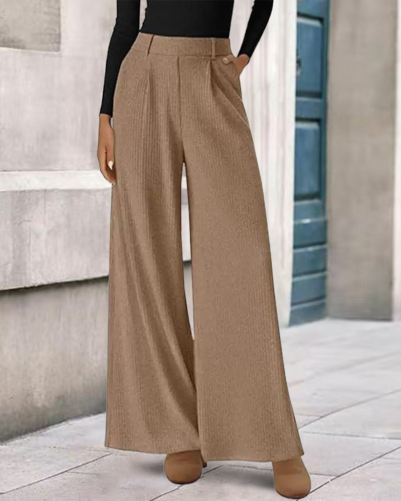 Women's Fleece Striped Casual Wide-Leg Trousers – Caramel
