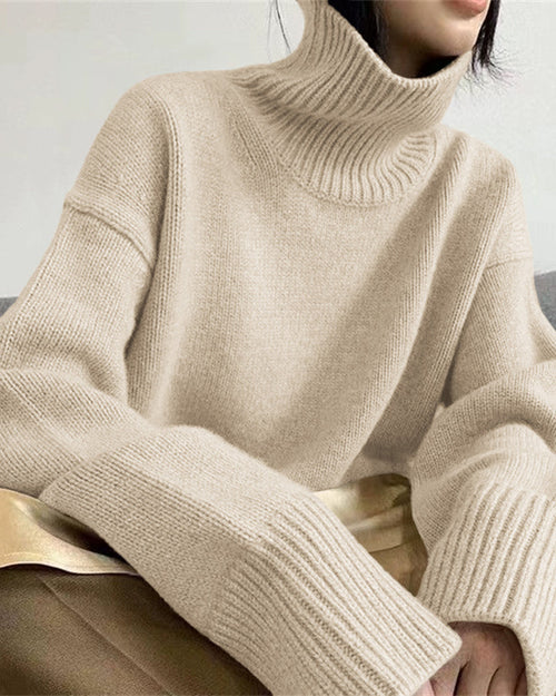 Women's Knit Casual Relaxed-Fit Turtleneck Sweater – Beige