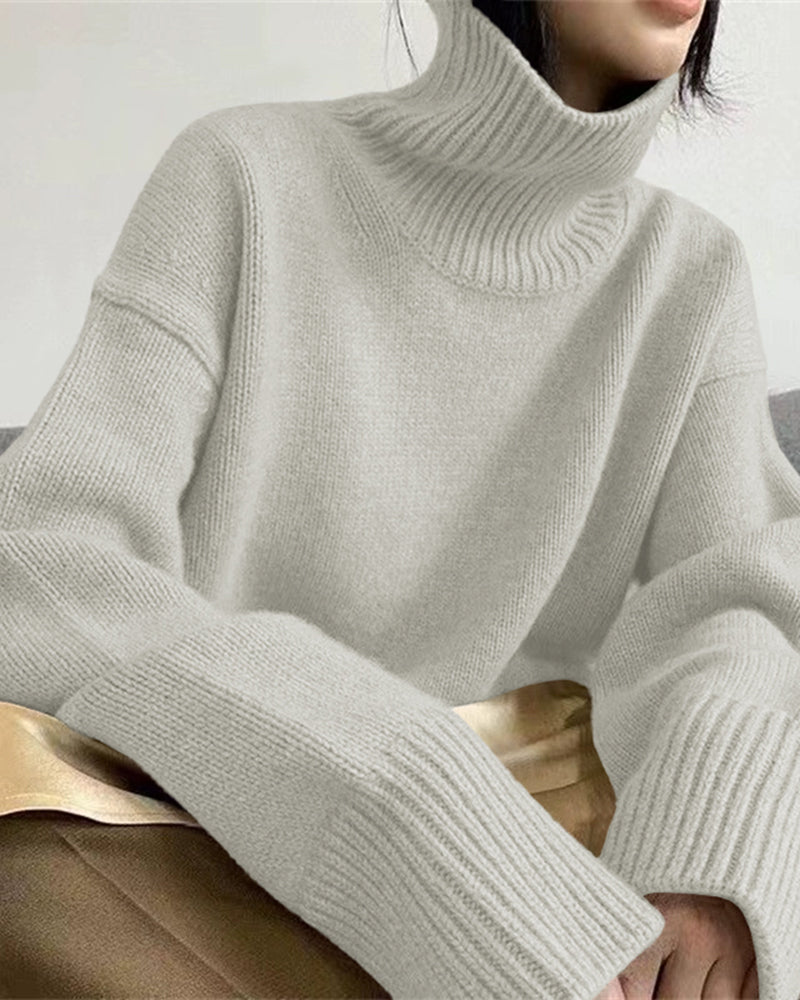 Women's Knit Casual Relaxed-Fit Turtleneck Sweater – Light Gray