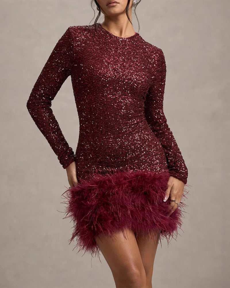 Women's Sequin Bodycon Feather-Trim Party Dress – Wine Red