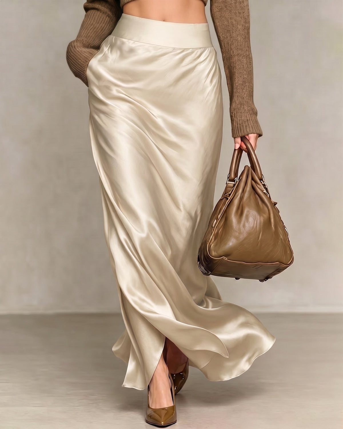 Women's Satin High-Waist Side-Slit Maxi Skirt – Beige