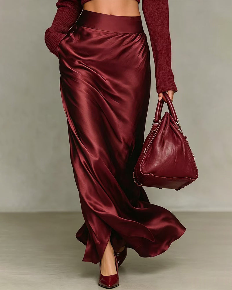 Women's Satin High-Waist Side-Slit Maxi Skirt – Wine Red