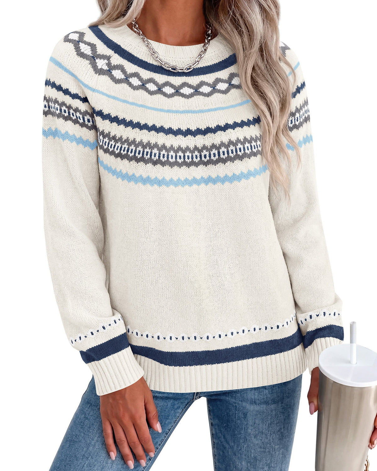 Women's Ribbed Knit Crew Neck Relaxed-Fit Fair Isle Sweater – White