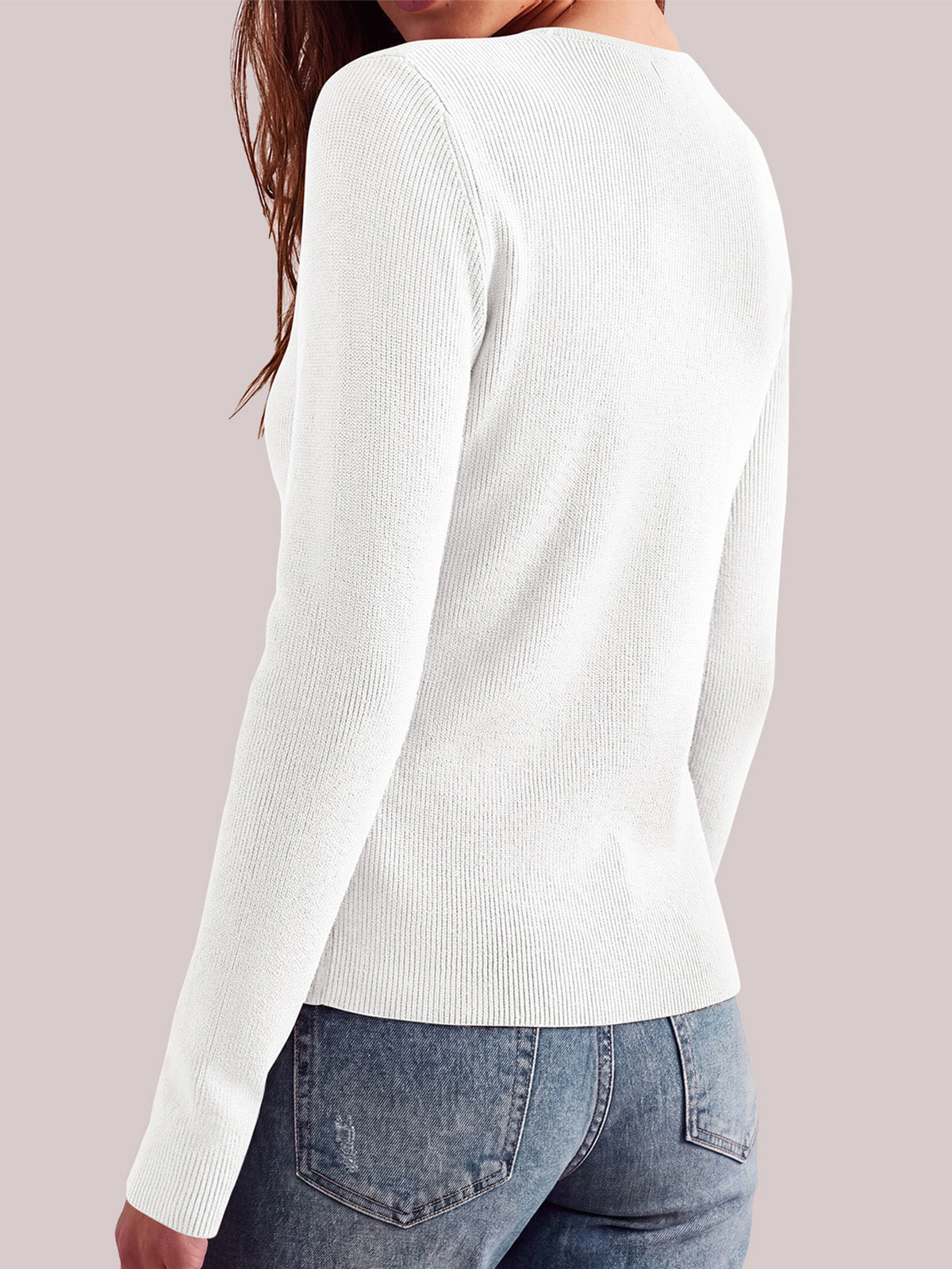 Women's Ribbed Knit Button-Front Crew Neck Business Cardigan – White