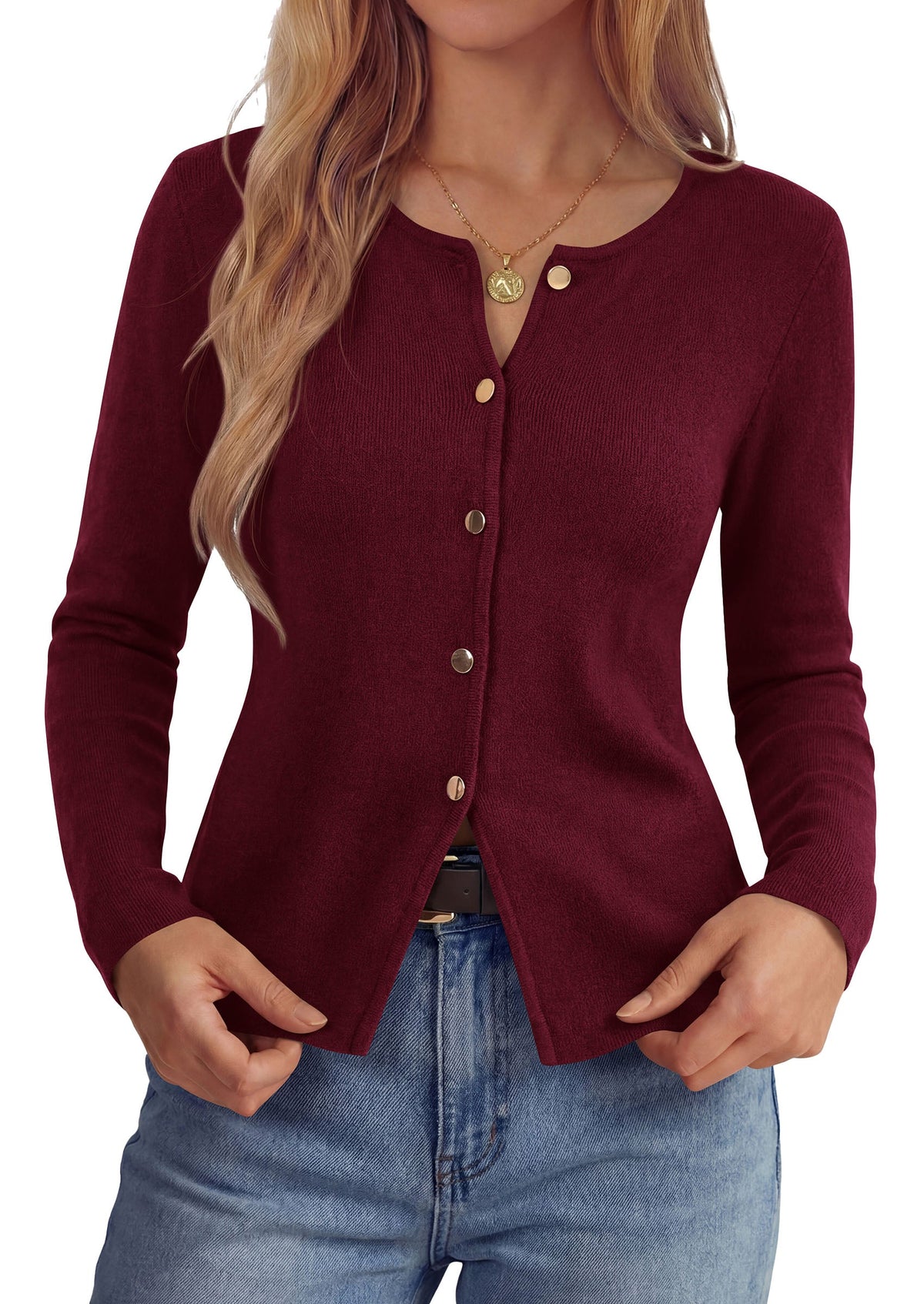 Women's Knit Button-Up Long Sleeve Fitted Cardigan – Wine Red