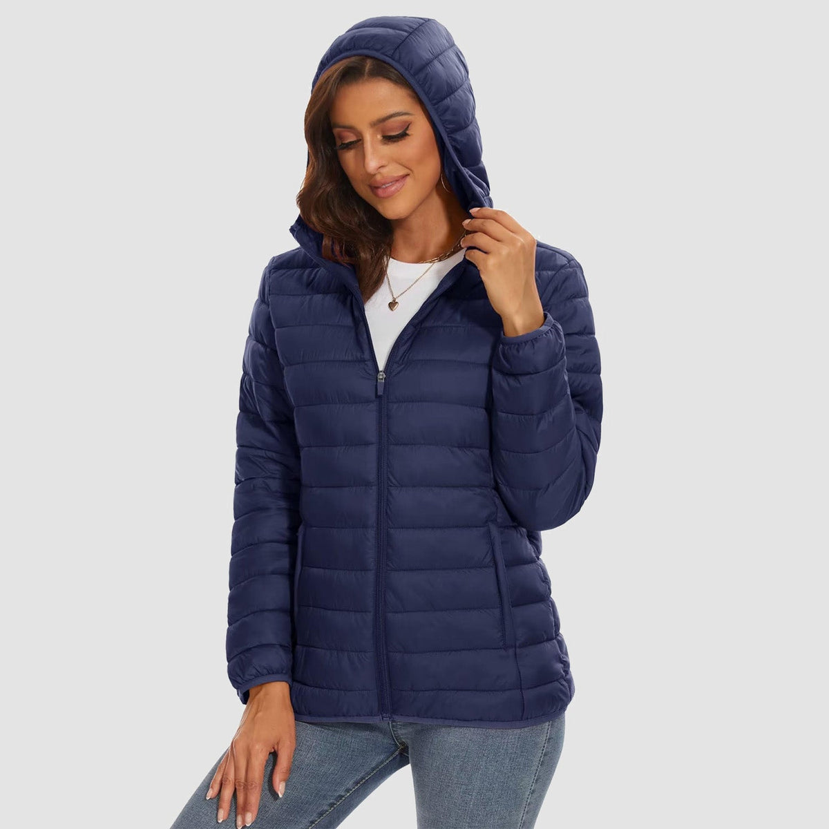 Women's Padded Hooded Full-Zip Lightweight Quilted Jacket – Navy
