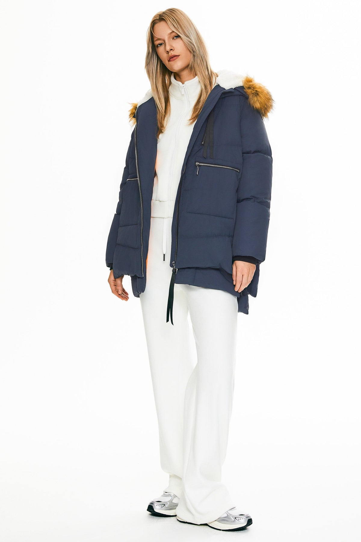 Women's Faux Fur Hooded Quilted Jacket – Navy