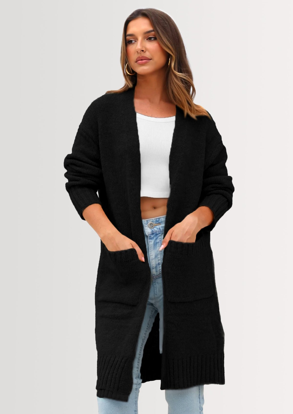 Women's Knit Open-Front Long Sleeve Pocketed Cardigan – Black