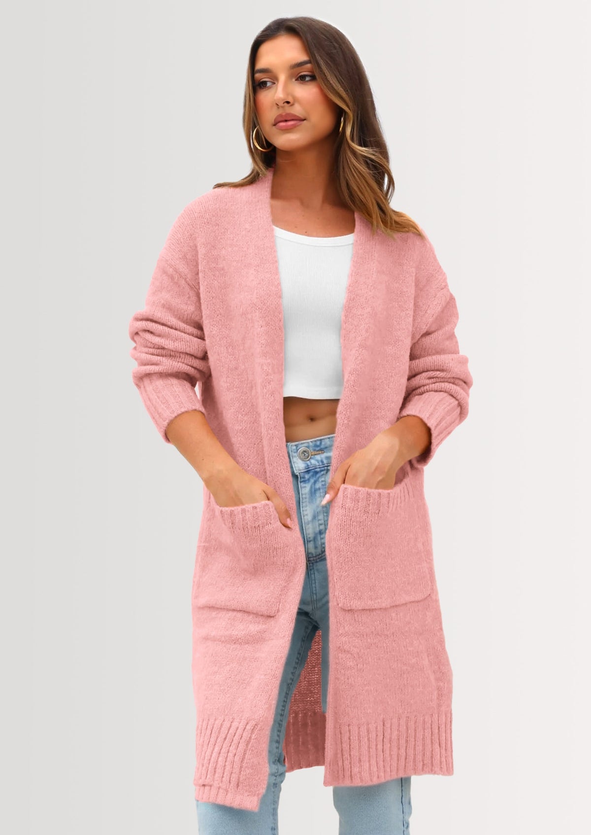 Women's Knit Open-Front Long Sleeve Pocketed Cardigan – Pink