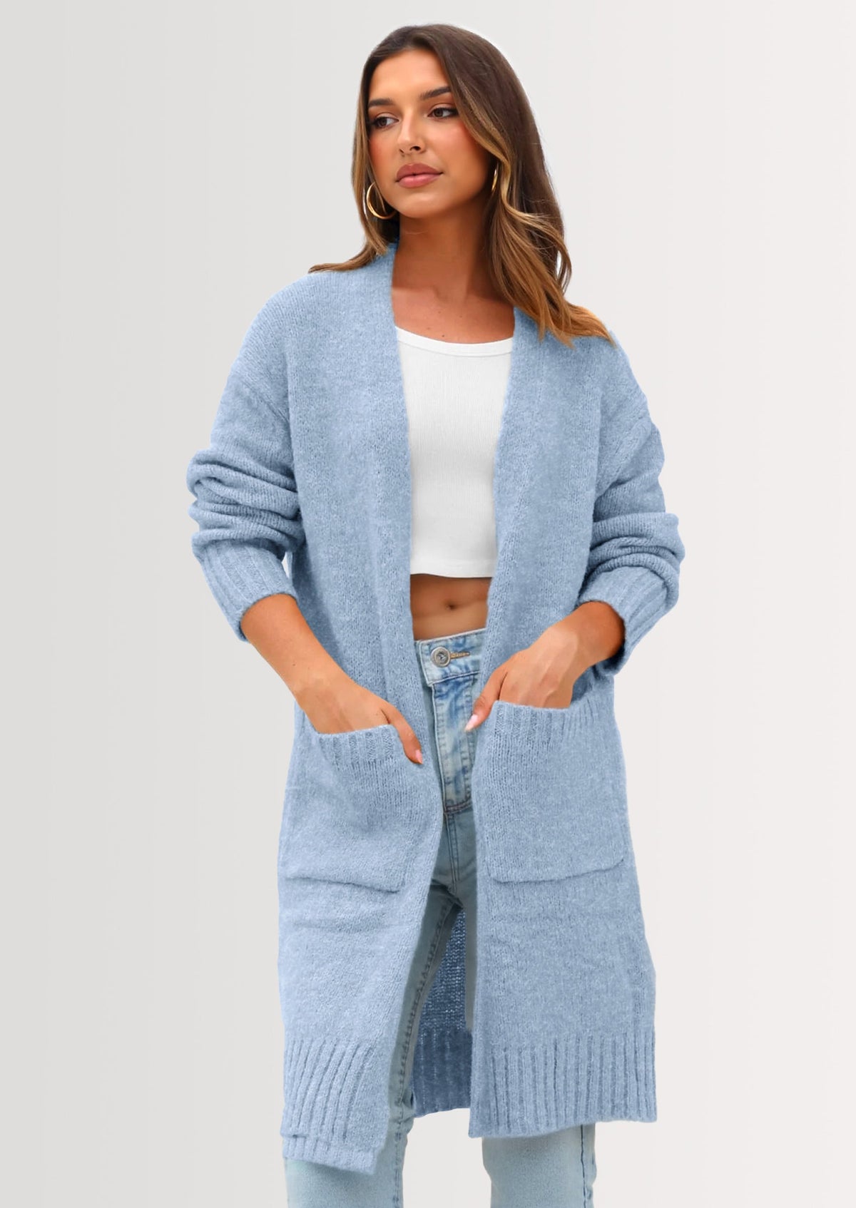 Women's Knit Open-Front Long Sleeve Pocketed Cardigan – Blue