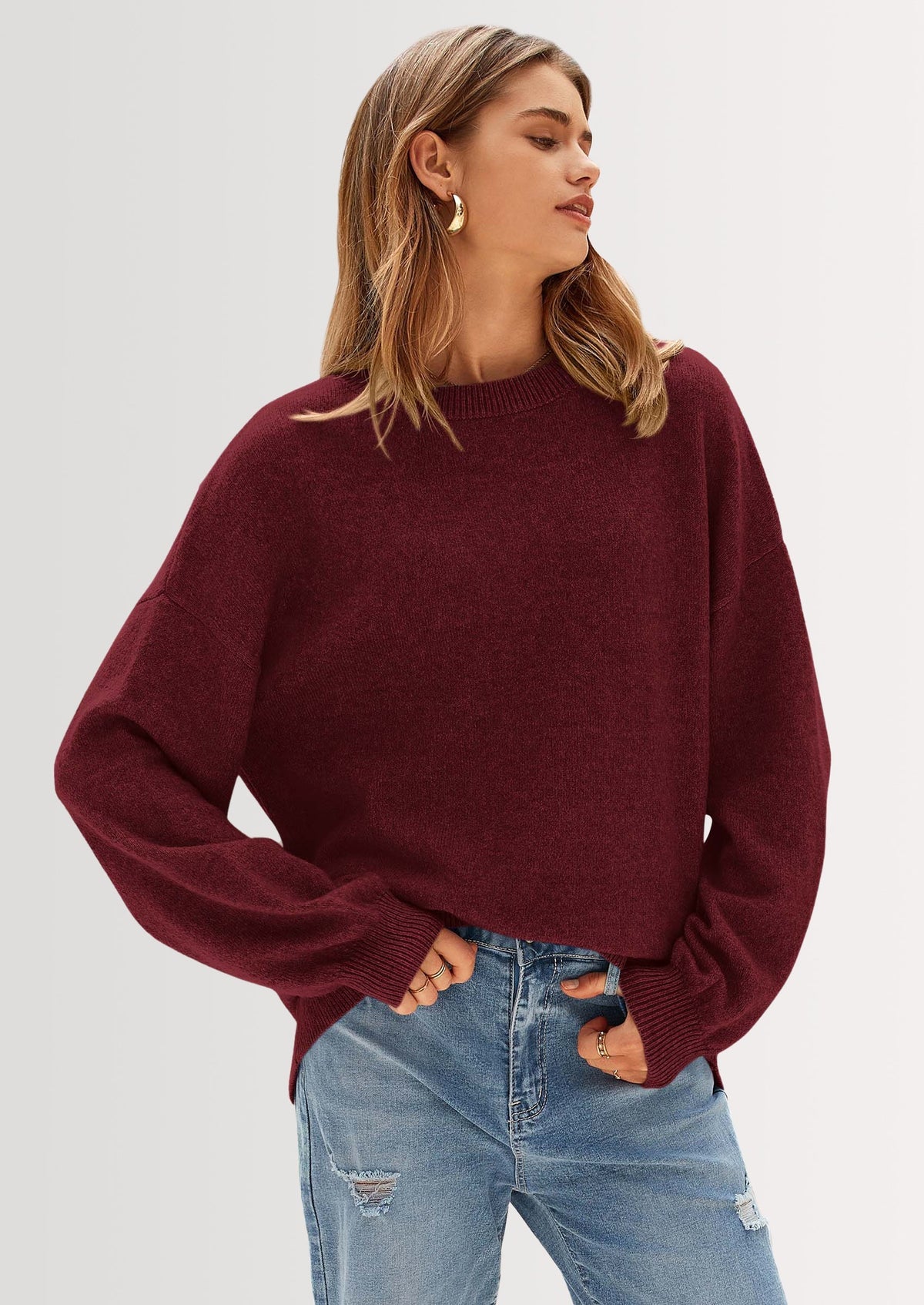 Women's Ribbed Knit Crew Neck Relaxed-Fit Casual Sweater – Wine Red