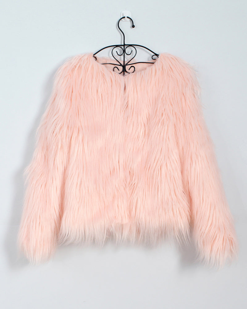 Women's Faux Fur V-Neck Long Sleeve Warm Coat – Pink