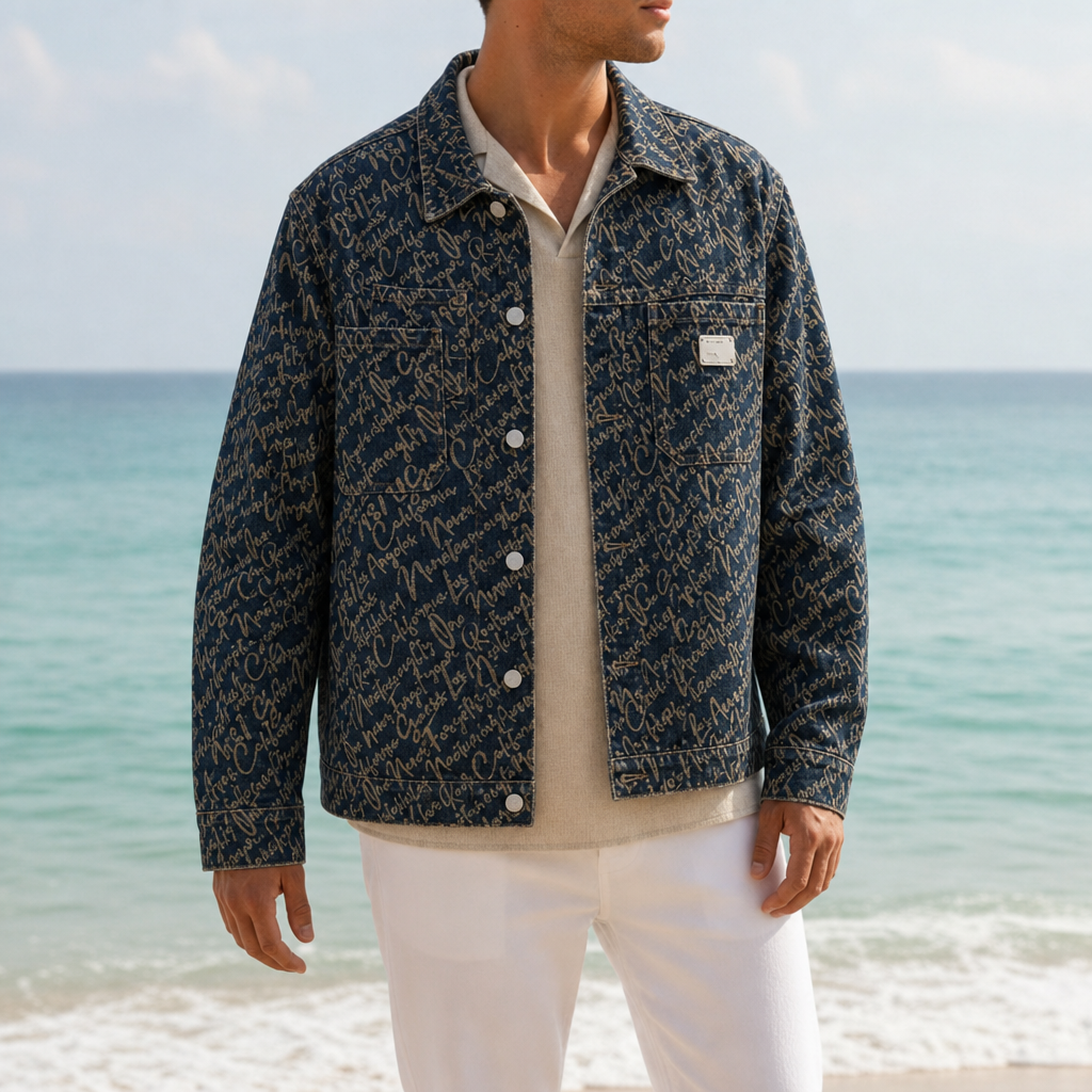 Aaron | Skiathos Script Print Denim Jacket