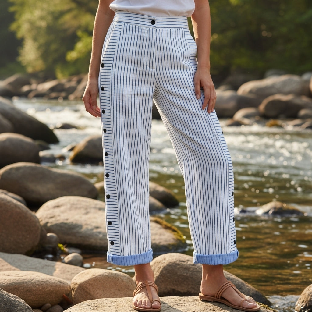 Amelia | Nerja Stripe Panel Button Detail Trousers