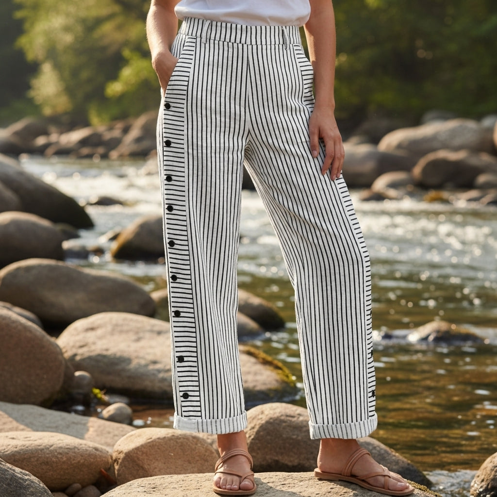 Amelia | Nerja Stripe Panel Button Detail Trousers
