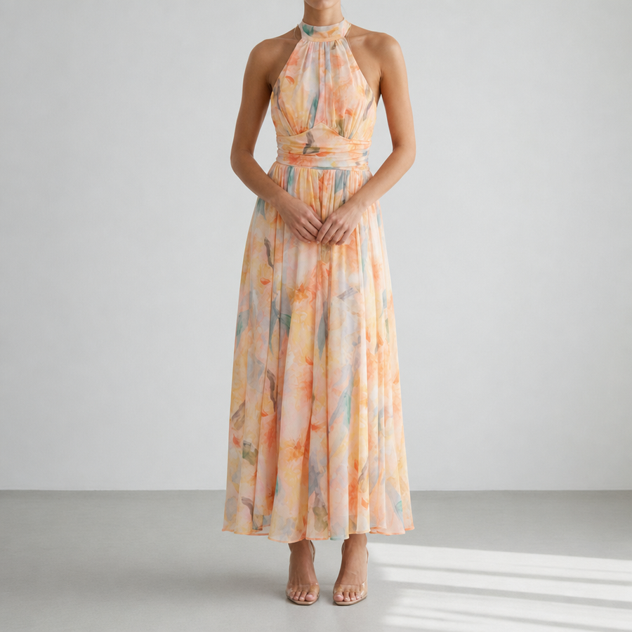 Aria | Uzes Halter Watercolor Maxi Dress