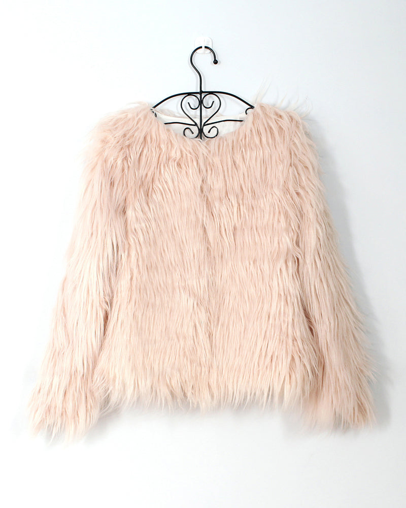 Women's Faux Fur V-Neck Long Sleeve Warm Coat – Light Pink
