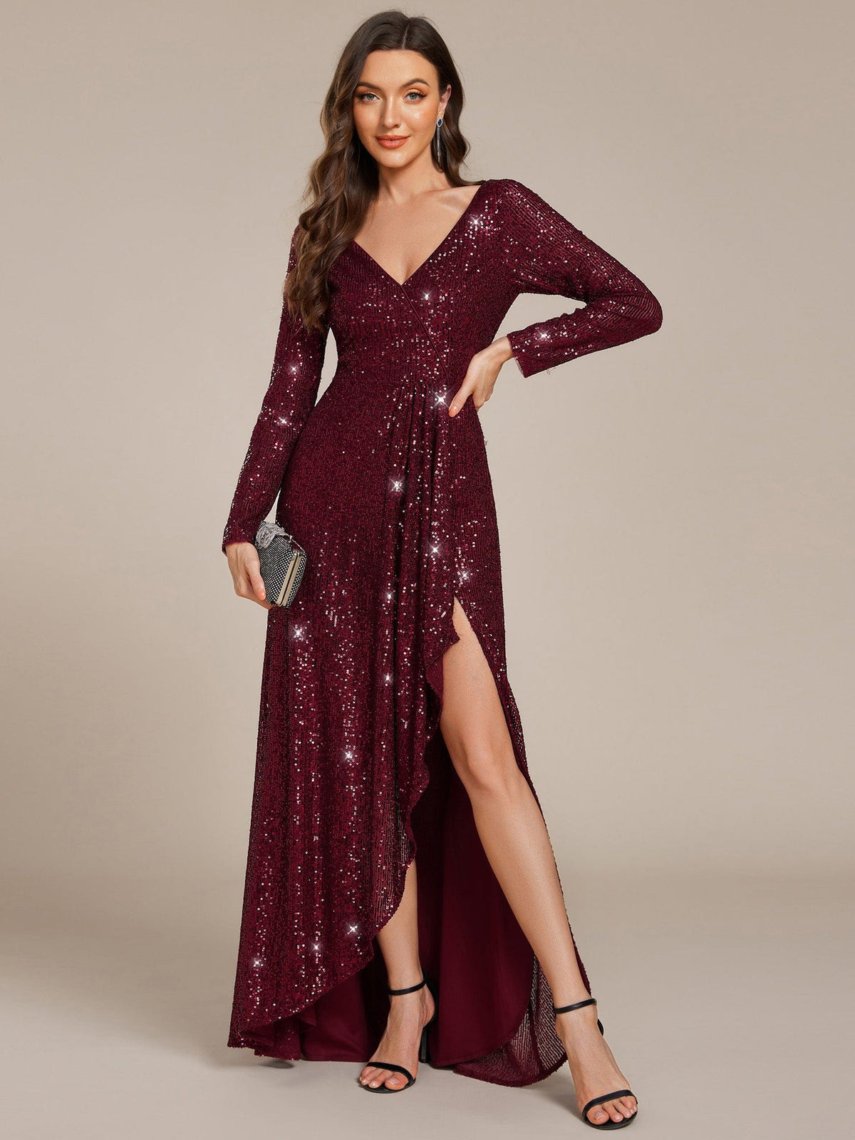 Women's Sequin V-Neck Long Sleeve Asymmetric Evening Dress – Burgundy