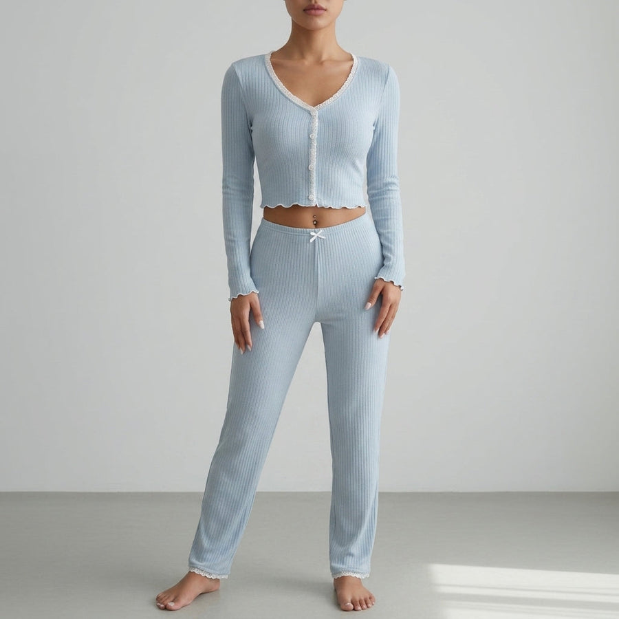 Ellie | Corfu Ribbed Lace Trim Pajama Set