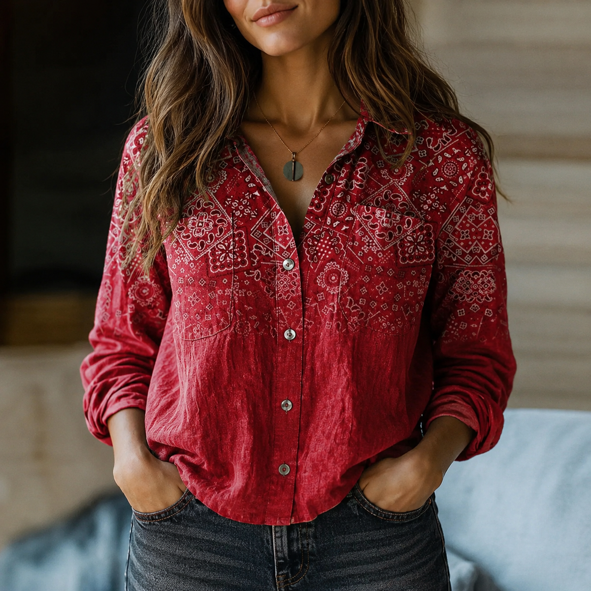 Emily | Mallorca Print Button-Up Blouse