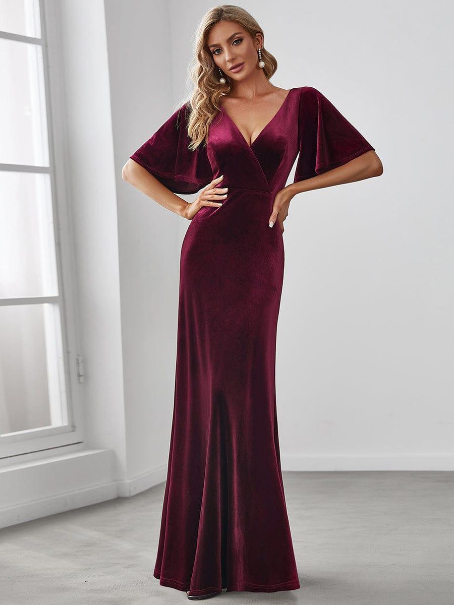 Women's Velvet V-Neck Elegant Evening Dress – Burgundy