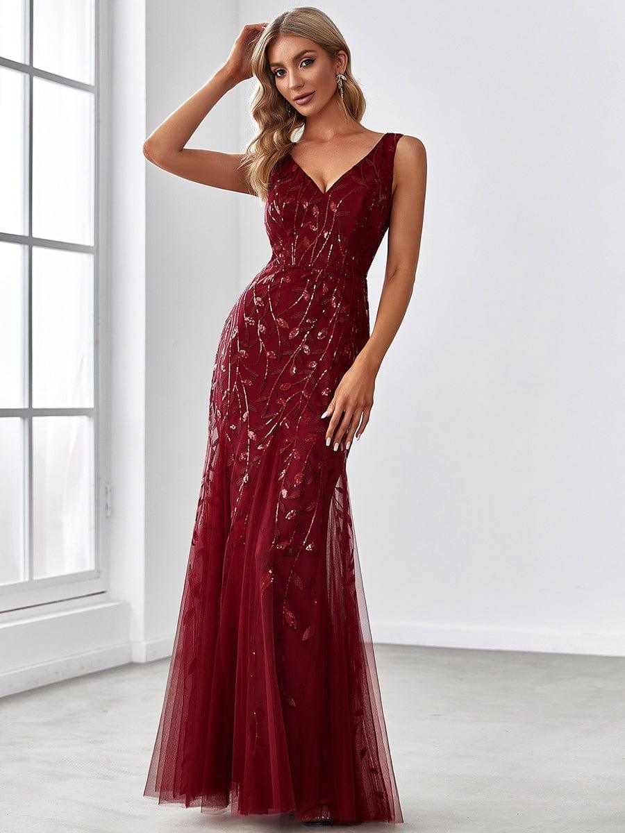 Women's Sequin V-Neck Fishtail Evening Dress – Burgundy