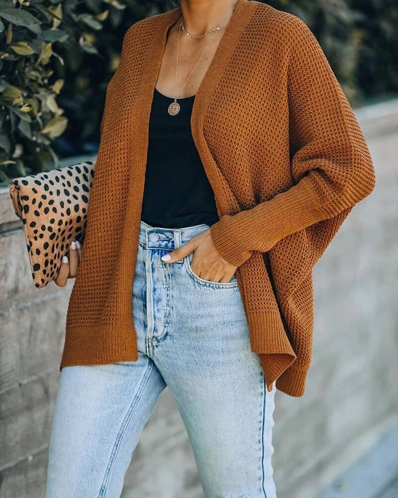 Women's Open-Front Batwing Side-Slit Cardigan – Brown