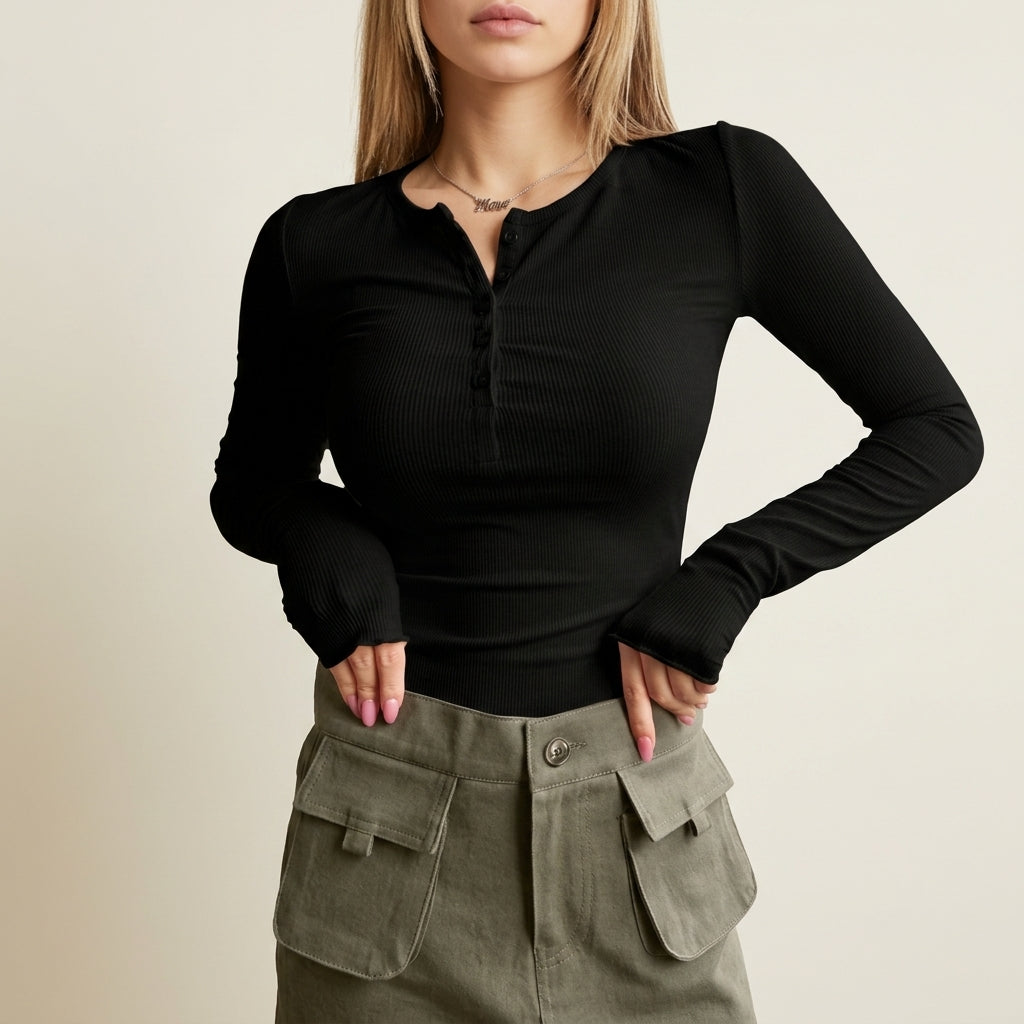 Harper | Cinque Terre Ribbed Henley Long-Sleeve Top