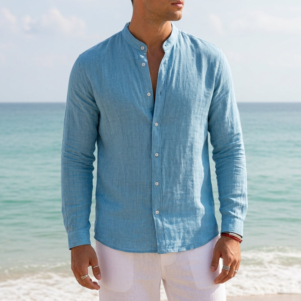 Harrison | Milos Linen Mandarin Collar Shirt