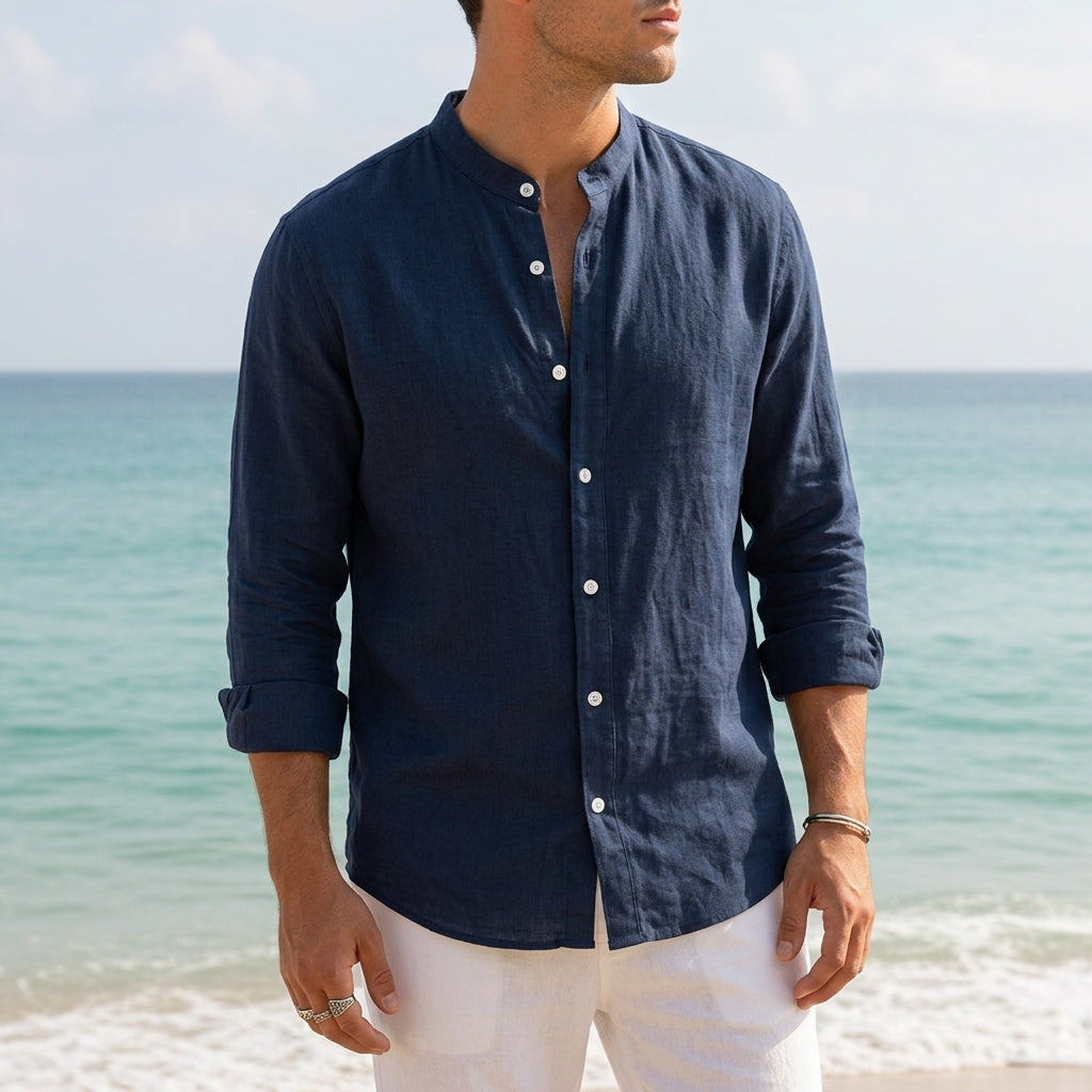 Harrison | Milos Linen Mandarin Collar Shirt