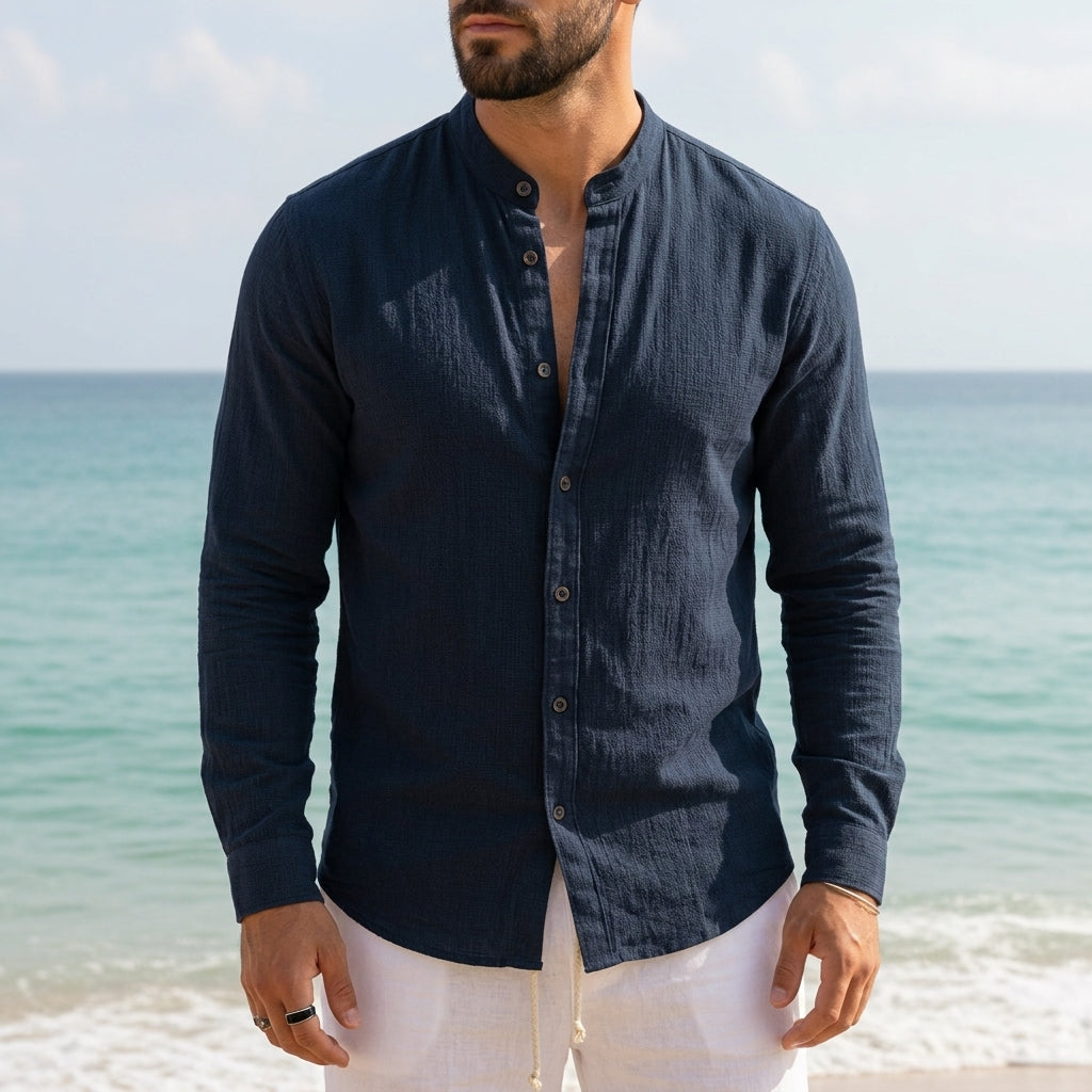 Harrison | Milos Linen Mandarin Collar Shirt