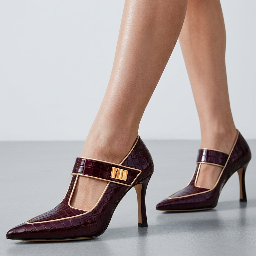Lucy | Sorrento Croc T-Strap Heels